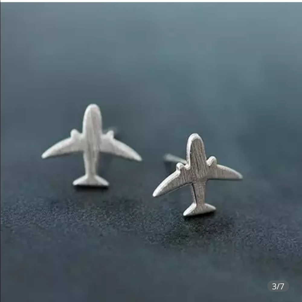 New! Airplane plane pilot wanderlust travel earrings studs. Matte silver